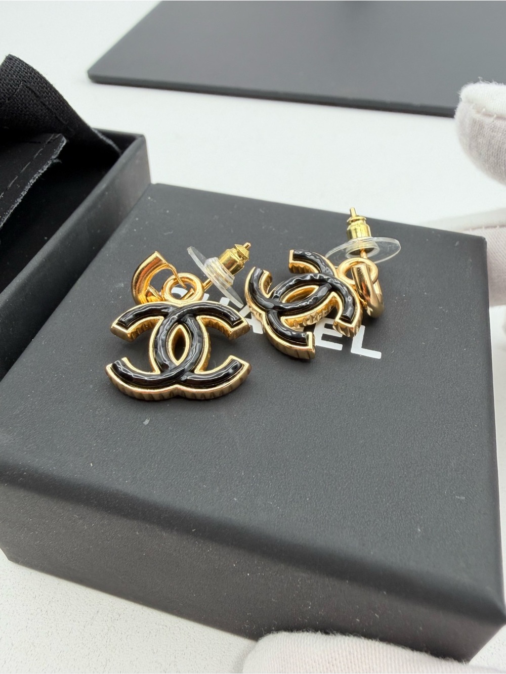 Chanel Black And Gold Enamel Earrings